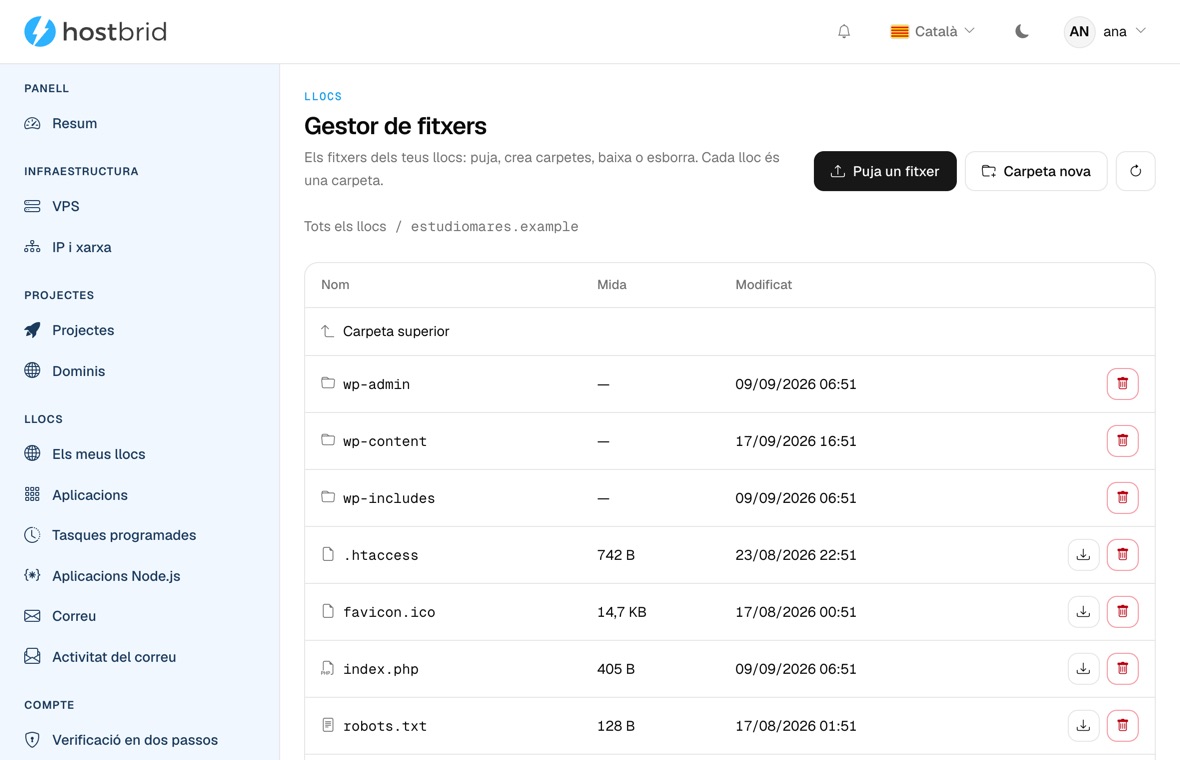 Gestor de fitxers del panell obert dins d’un lloc, amb les carpetes de WordPress, les mides i les dates.