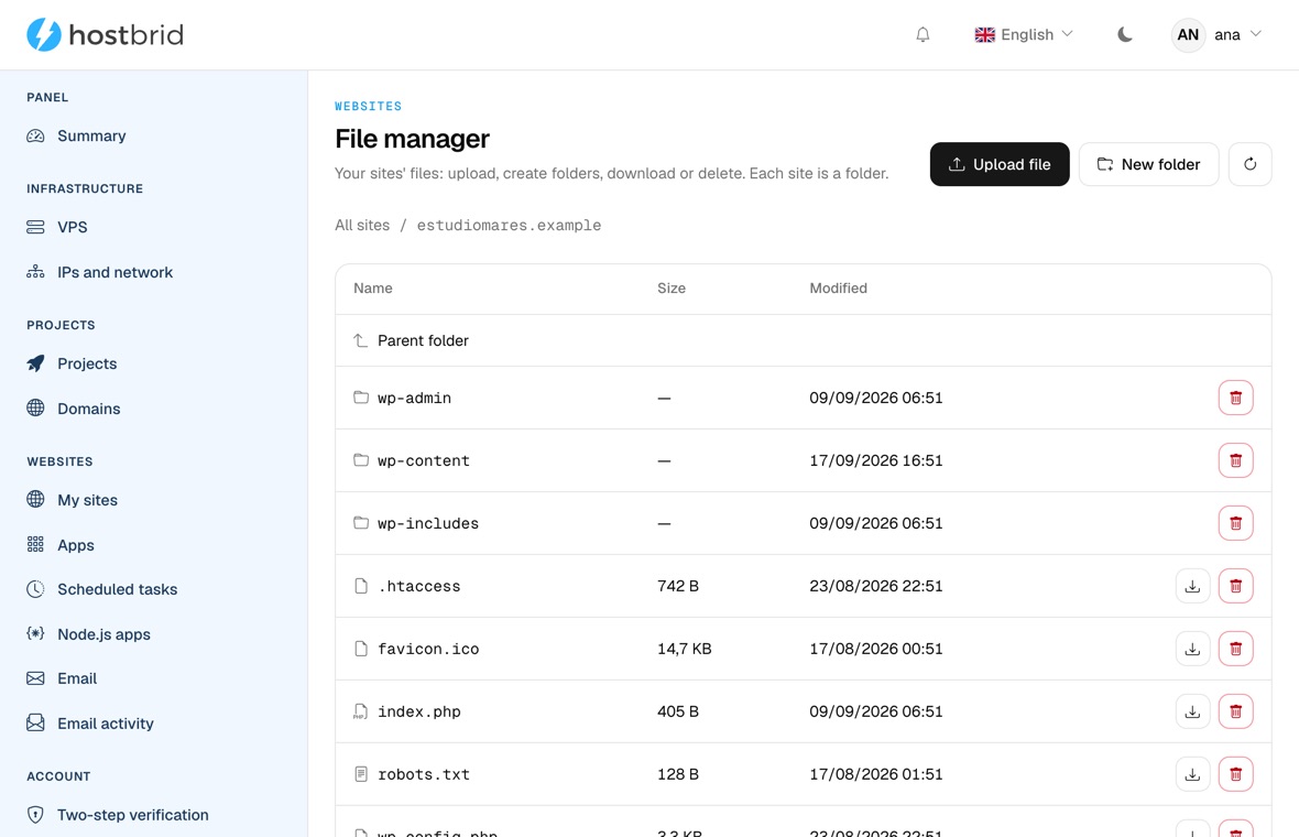 The panel’s file manager open inside a site, showing the WordPress folders with their sizes and dates.