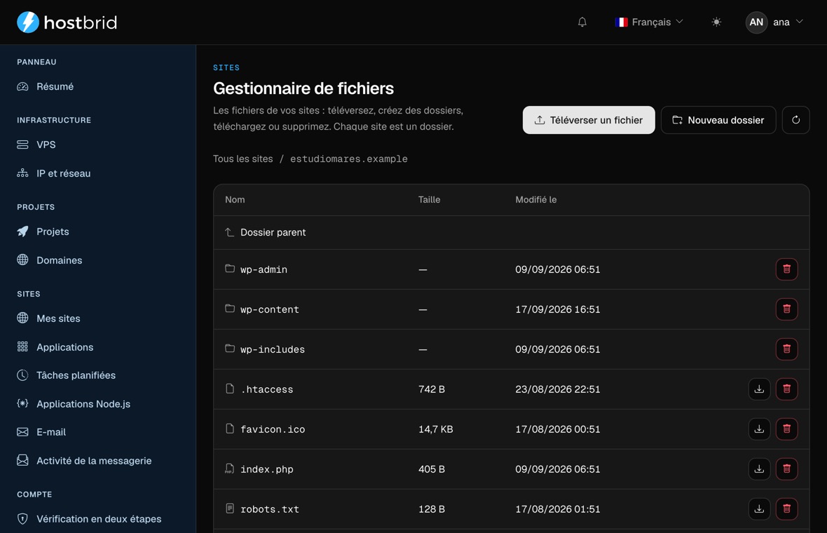 Gestionnaire de fichiers du panneau ouvert dans un site, avec les dossiers de WordPress, leurs tailles et leurs dates.