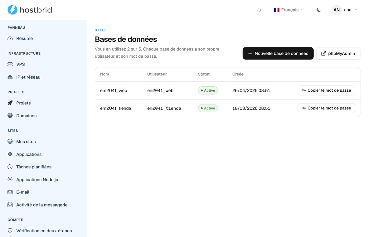 Écran « Bases de données » du panneau : deux bases —em2041_web et em2041_tienda— avec leur propre utilisateur, l’étiquette verte « Active » et leur date de création, un bouton copier le mot de passe sur chaque ligne et les boutons « Nouvelle base de données » et phpMyAdmin en haut.