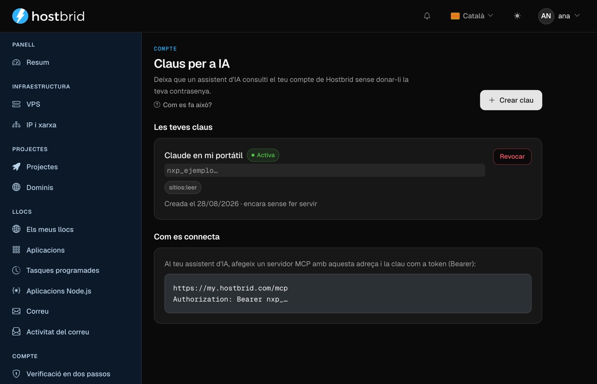 Pantalla «Claus per a IA» del panell: una clau anomenada «Claude en mi portátil», marcada com a activa, de la qual només se’n veu el prefix, amb l’etiqueta de permís «sitios:leer», la data de creació, l’avís que encara no s’ha fet servir i un botó «Revocar»; a sota, un bloc «Com es connecta» amb l’adreça del servidor MCP i la capçalera d’autorització.