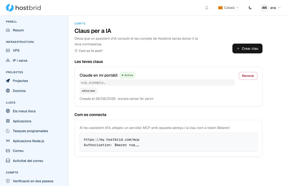 Pantalla «Claus per a IA» del panell: una clau anomenada «Claude en mi portátil», marcada com a activa, de la qual només se’n veu el prefix, amb l’etiqueta de permís «sitios:leer», la data de creació, l’avís que encara no s’ha fet servir i un botó «Revocar»; a sota, un bloc «Com es connecta» amb l’adreça del servidor MCP i la capçalera d’autorització.