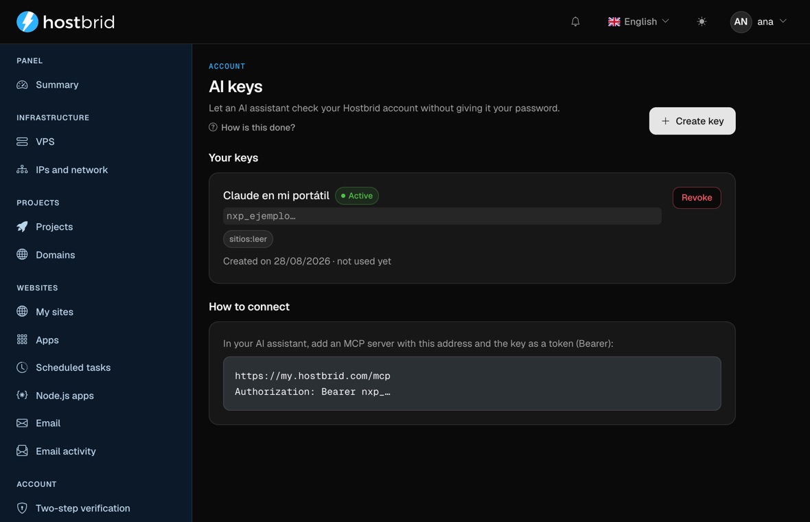 The panel’s “AI keys” screen: a key called “Claude en mi portátil”, marked active, showing only its prefix, with the permission label “sitios:leer”, its creation date, a note saying it has not been used yet and a “Revoke” button; below, a “How to connect” block with the MCP server address and the authorization header.