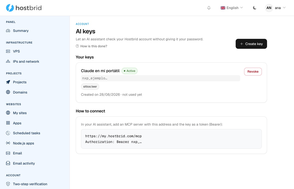The panel’s “AI keys” screen: a key called “Claude en mi portátil”, marked active, showing only its prefix, with the permission label “sitios:leer”, its creation date, a note saying it has not been used yet and a “Revoke” button; below, a “How to connect” block with the MCP server address and the authorization header.