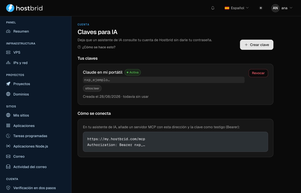 Pantalla «Claves para IA» del panel: una clave llamada «Claude en mi portátil», marcada como activa, de la que sólo se ve el prefijo, con la etiqueta de permiso «sitios:leer», la fecha de creación, el aviso de que todavía no se ha usado y un botón «Revocar»; debajo, un bloque «Cómo se conecta» con la dirección del servidor MCP y la cabecera de autorización.