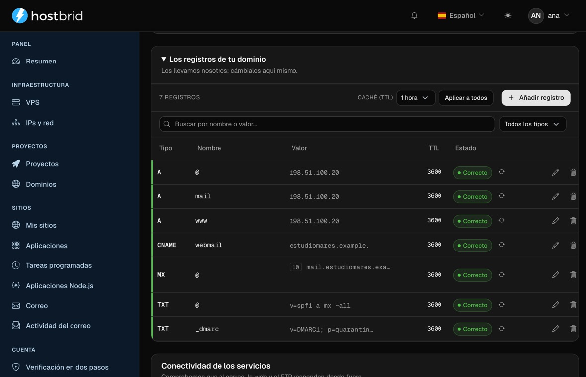 Editor de zona DNS del panel con los registros del dominio: la A del servidor, la del correo y la de www, el CNAME del webmail, el MX y dos registros TXT con el SPF y el DMARC, todos con su TTL y marcados como «Correcto».