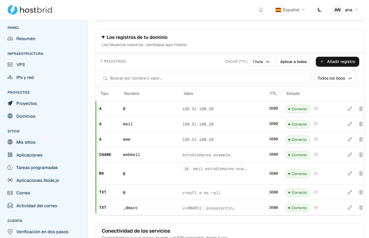 Editor de zona DNS del panel con los registros del dominio: la A del servidor, la del correo y la de www, el CNAME del webmail, el MX y dos registros TXT con el SPF y el DMARC, todos con su TTL y marcados como «Correcto».