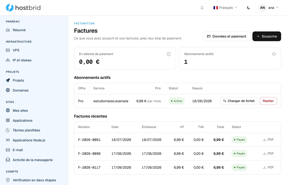 Écran Facturation du panneau Hostbrid : le montant dû, l’abonnement actif et trois factures avec date, montant et la colonne TVA à 0,00 €.