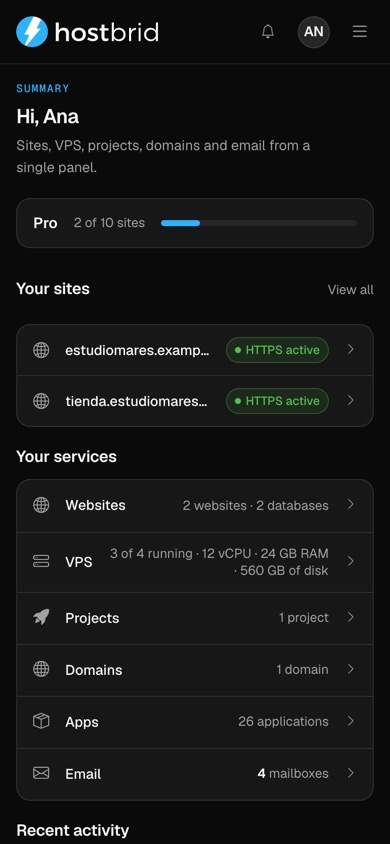 Example account in the Hostbrid panel: plan overview and Sites, VPS, Projects, Domains, Applications and Email services.