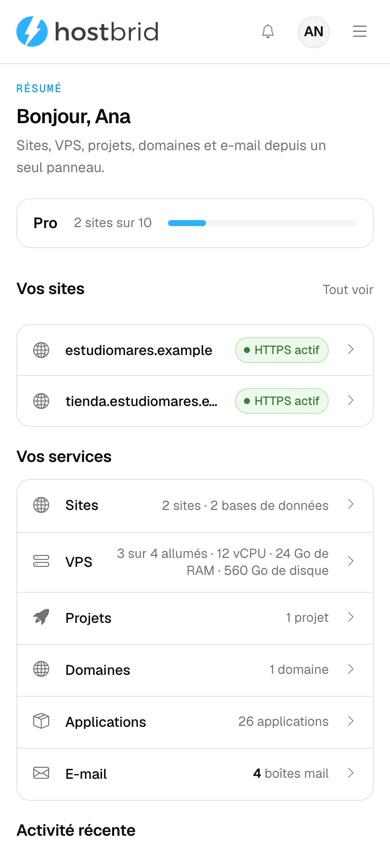 Compte d’exemple dans le panneau Hostbrid : aperçu de l’offre et des services Sites, VPS, Projects, Domaines, Applications et Messagerie.