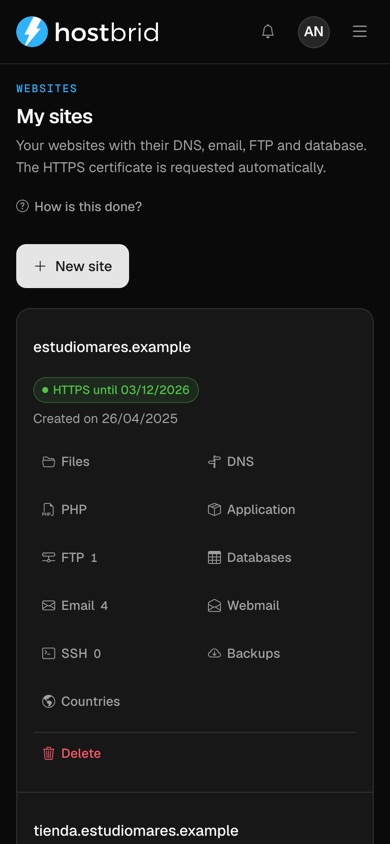 The panel’s “My sites” screen: two sites with their HTTPS certificate and its expiry date, and the row of shortcuts for each one.