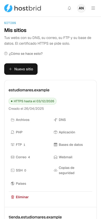 Pantalla «Mis sitios» del panel: dos webs con su certificado HTTPS y su fecha de caducidad, y la fila de accesos de cada una.