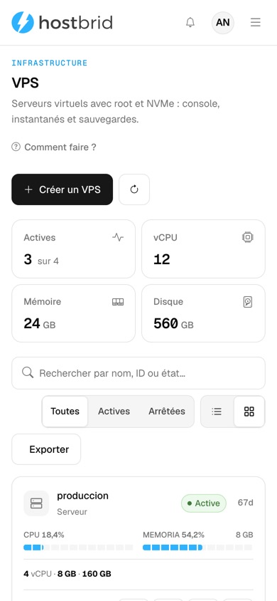 Écran « VPS » du panneau Hostbrid : quatre compteurs (3 actives sur 4, 12 vCPU, 24 Go de mémoire, 560 Go de disque) et une grille de cartes —produccion, tienda, pruebas et respaldo— avec des barres d’utilisation du CPU et de la mémoire, la taille, l’adresse IP et des boutons de console, d’allumage et de redémarrage.