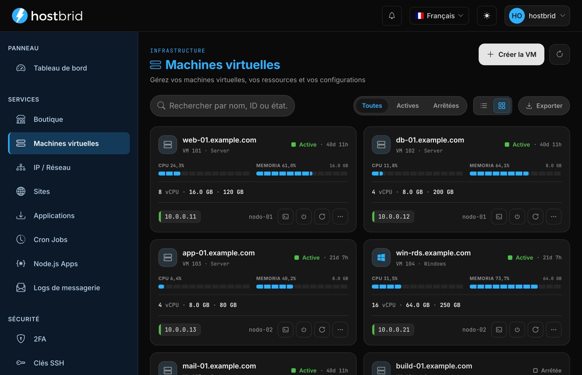 Panneau Hostbrid avec la liste des machines virtuelles : consommation de CPU et de mémoire, ressources et état de chacune.