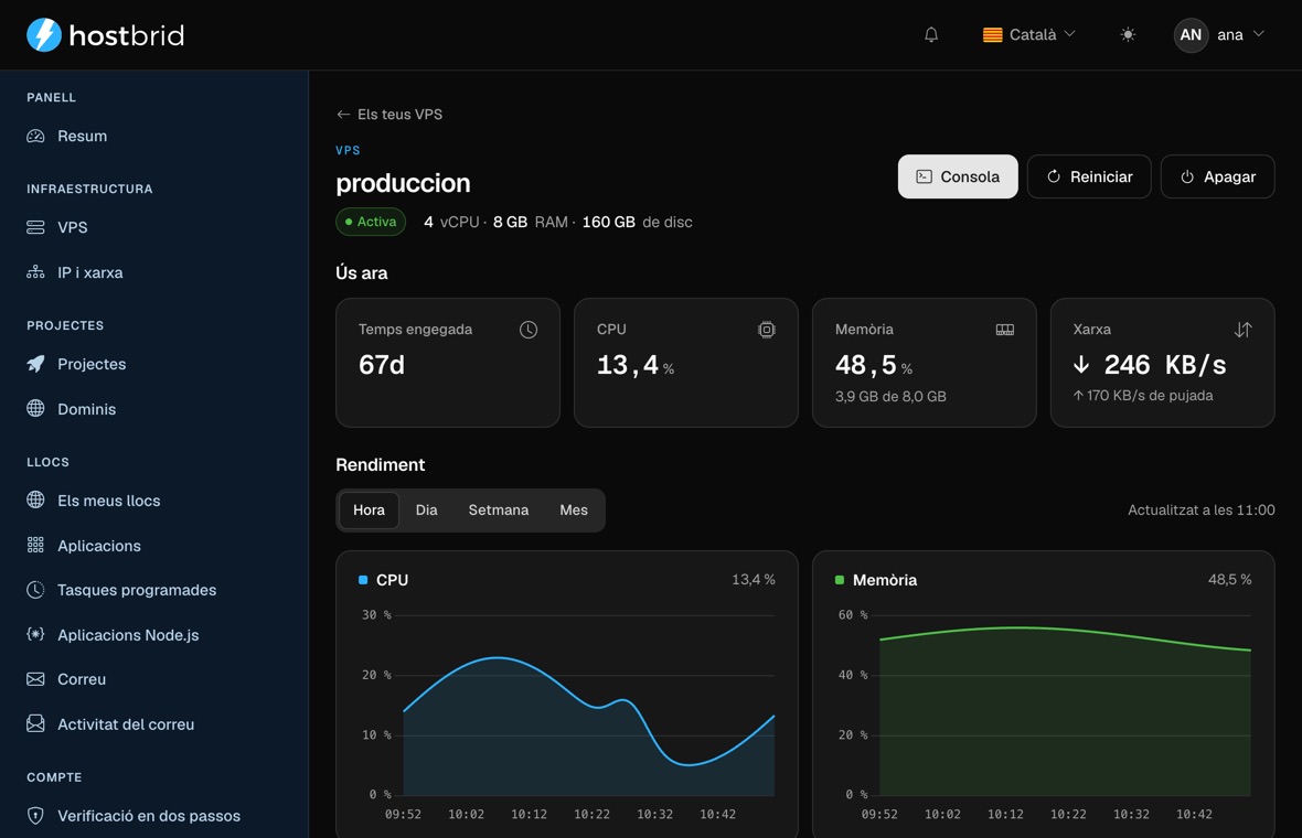 Fitxa del VPS «produccion»: estat activa, 4 vCPU, 8 GB de RAM i 160 GB de disc, botons de consola, reinici i apagada, quatre targetes d’ús (67 dies engegada, 13,4 % de CPU, 48,5 % de memòria, 246 KB/s de xarxa) i dues gràfiques de CPU i memòria de l’última hora.